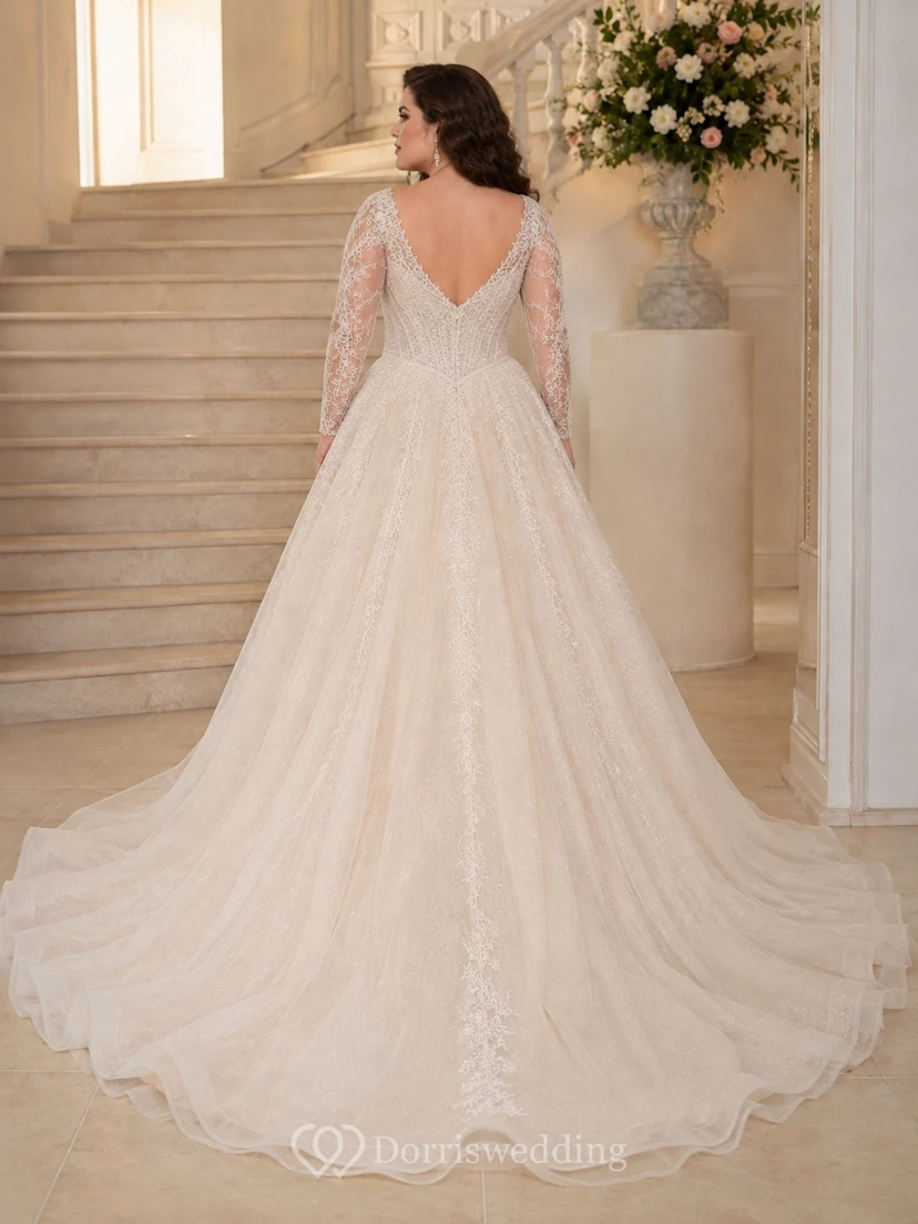 Plus Size Langarm-Ballkleid mit V-Ausschnitt, Spitze und baskischer Taille view 2