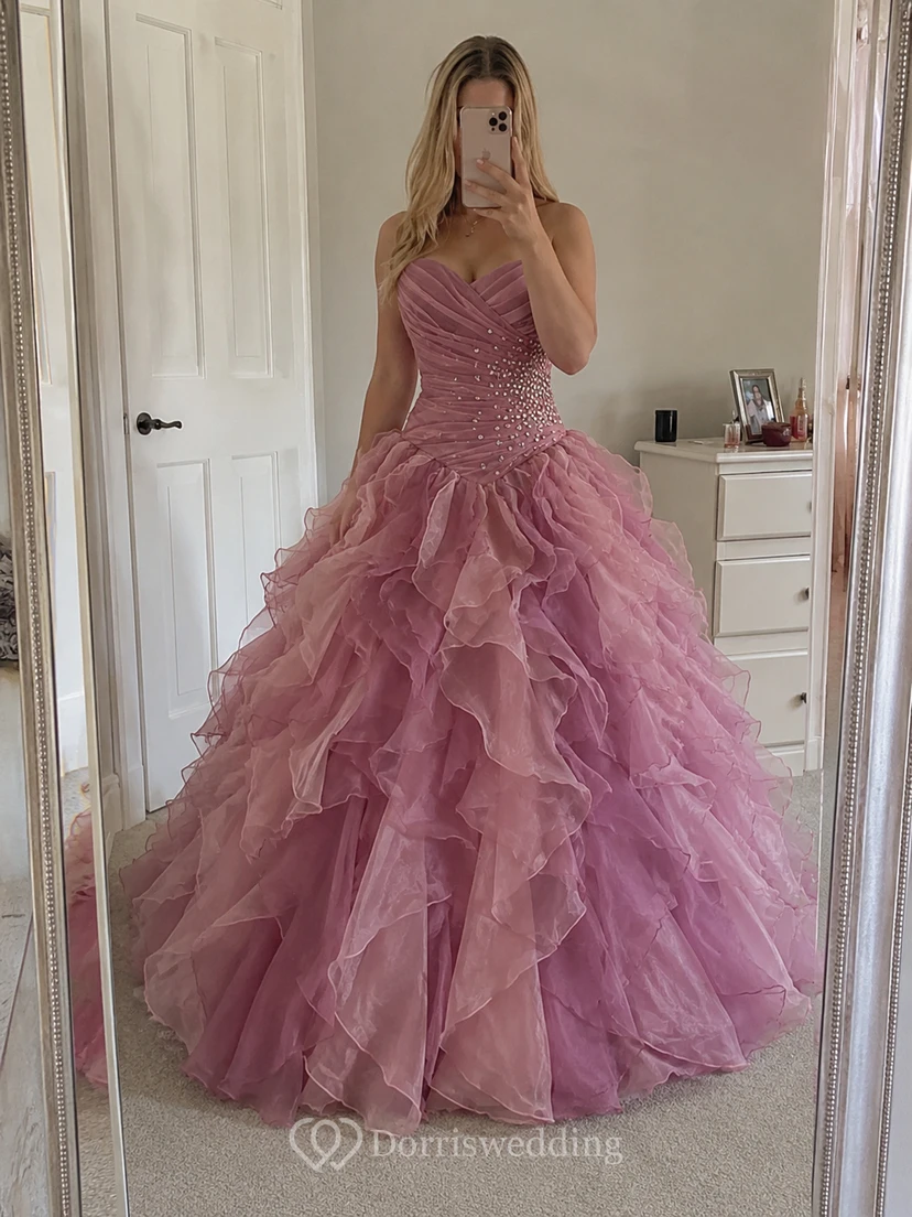 Dreaming Sweetheart Ruched Ball Gown With Cascading Ruffles and Rhinestones view 9
