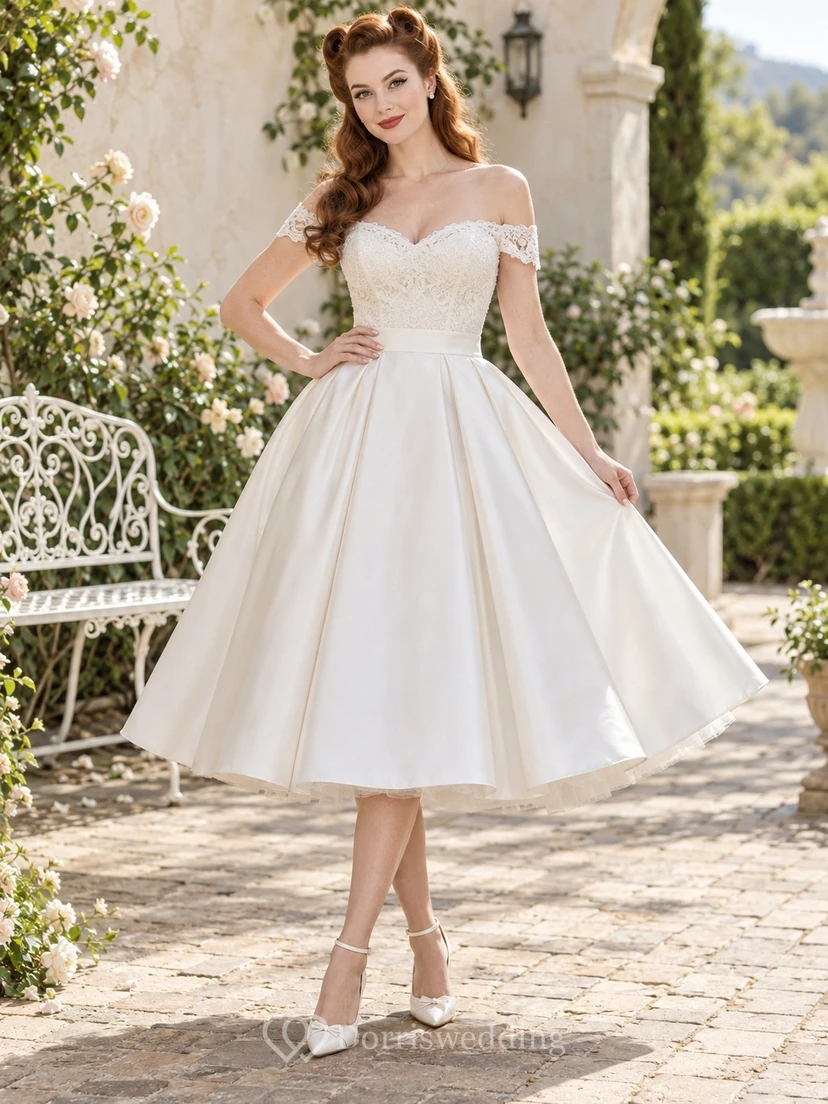 Vintage Tea-Length Off-Shoulder Sweetheart Lace-Bodice Satin A-Line Bow-Back Wedding Dress
