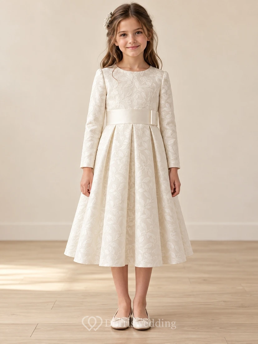 Robe de demoiselle d'honneur plissée crème à manches longues, longueur thé, jacquard à feuilles, ceinture à patte, style modeste. view 2