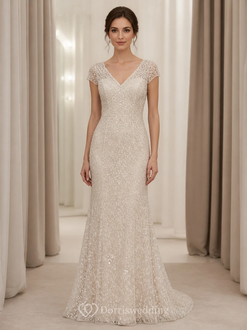 Vestido de novia modesto estilo sirena con escote en V, mangas cortas y cola de encaje.