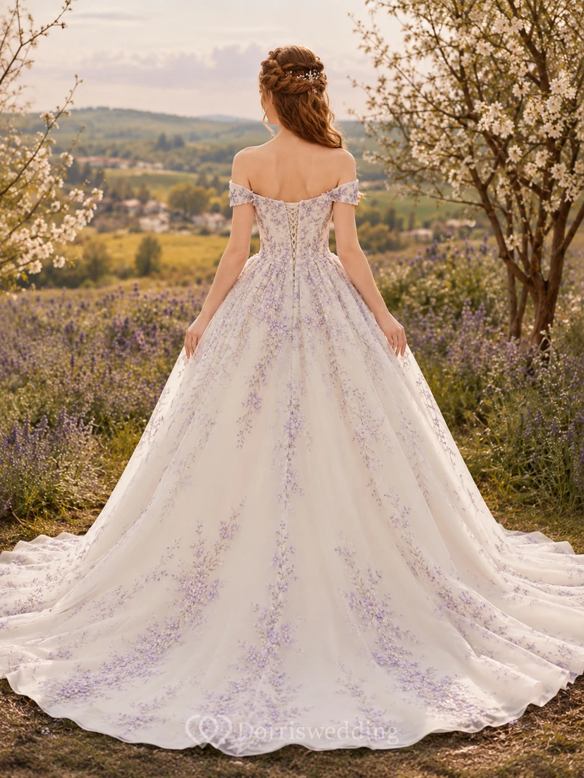 Lavendelfarbenes, besticktes, schulterfreies Frühlingsballkleid Brautkleid view 2