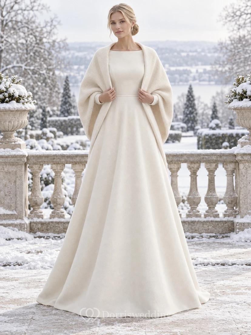 Simple Bateau A-line Winter Wedding Rounded Draped Cape Dress