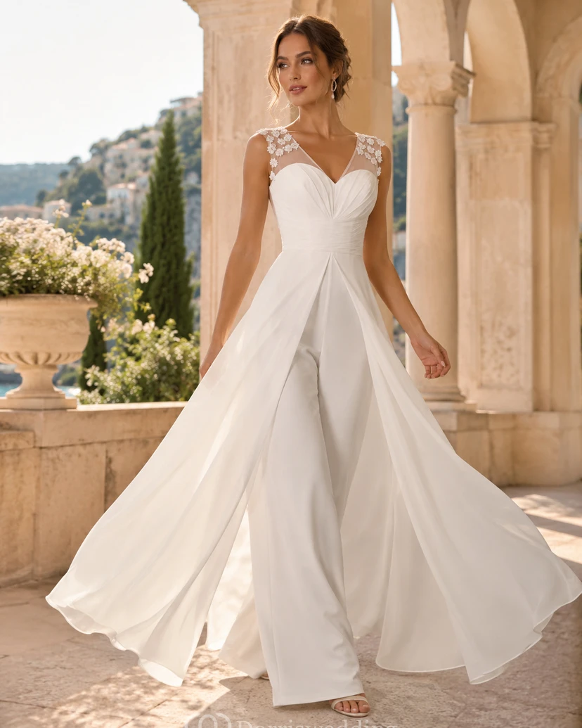 Romantic V-Neck Bridal Jumpsuit with Floral Shoulder Appliqués & Ruched Bodice view 3