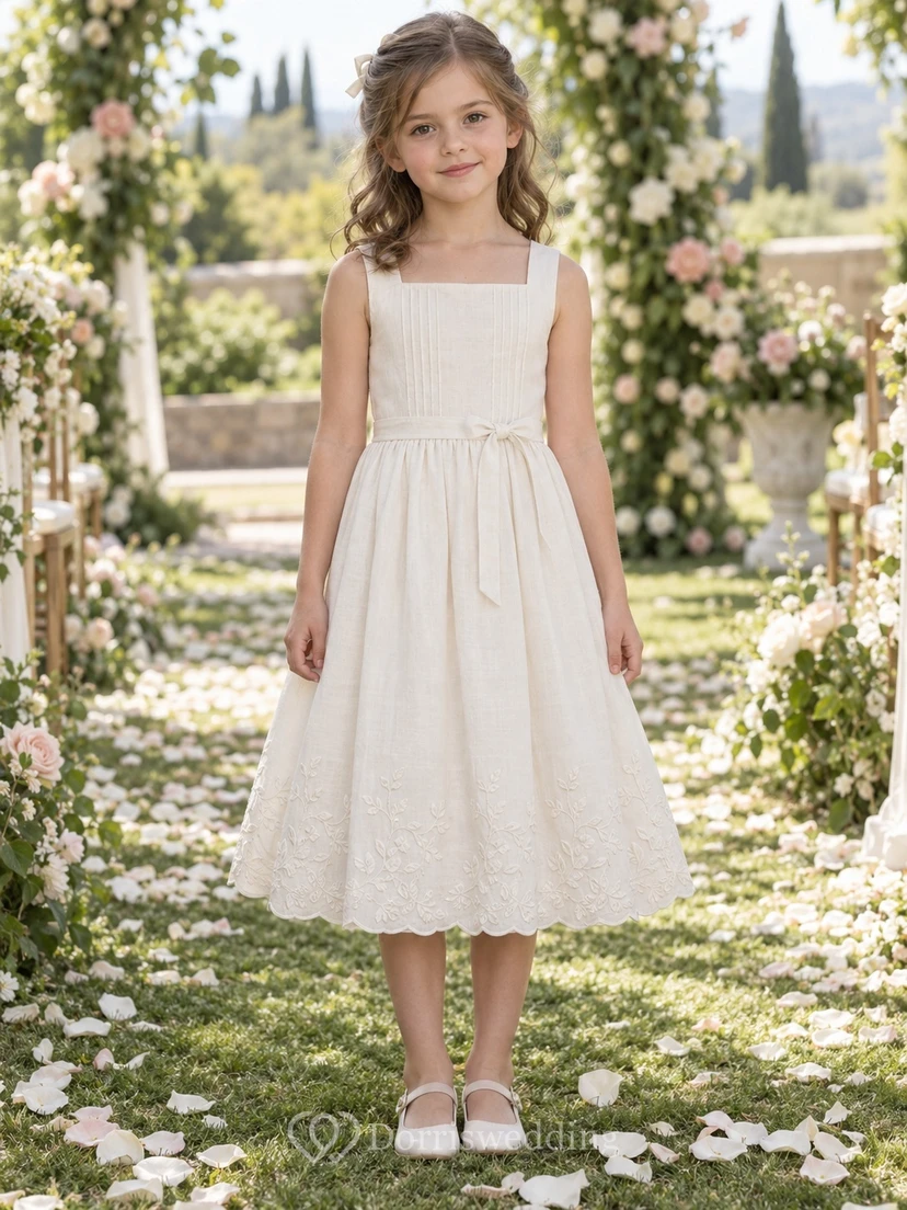 Tea-length Square Neck Country Ivory A-line Sleeveless Scalloped Pintucked Flower Girl Dress