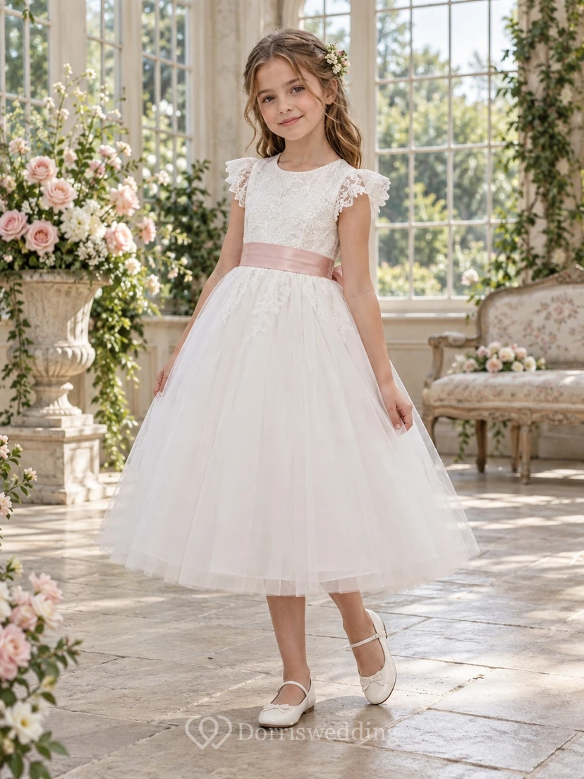 Vestido de niña de flores blanco con estampado floral, corte en A, mangas cortas, fajín rosa y espalda en V.