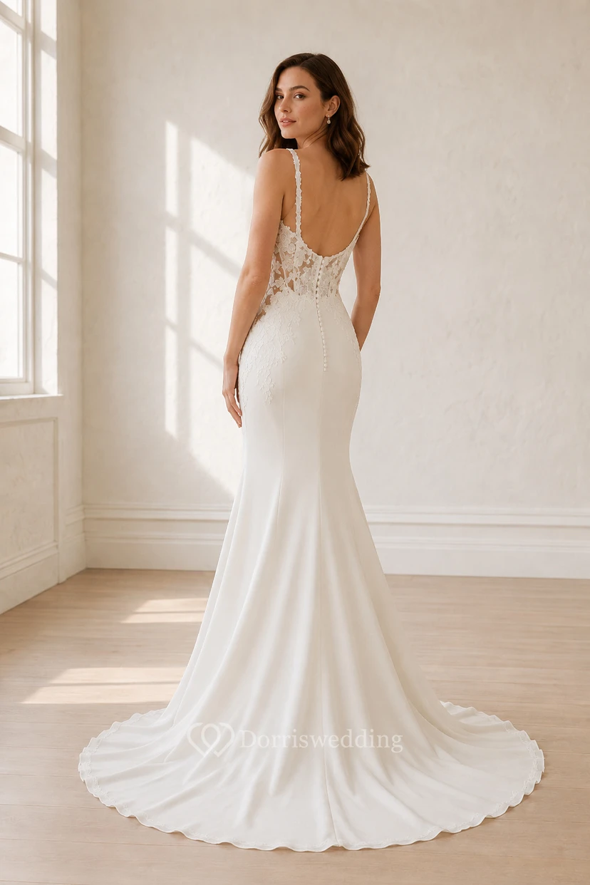 Robe de mariée sirène en satin avec encolure carrée, corsage en dentelle et traîne view 2