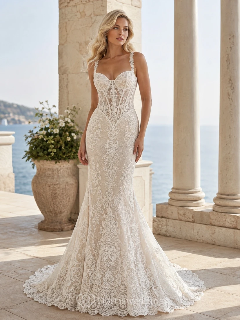 Meerjungfrauen-Brautkleid mit Spitze und Schleppe, festlich