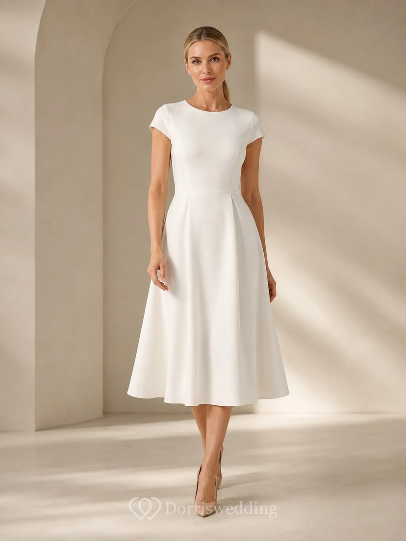 White Clean Jewel-Neck A-Line Tea-Length Short-Sleeve Simple Guest Dress