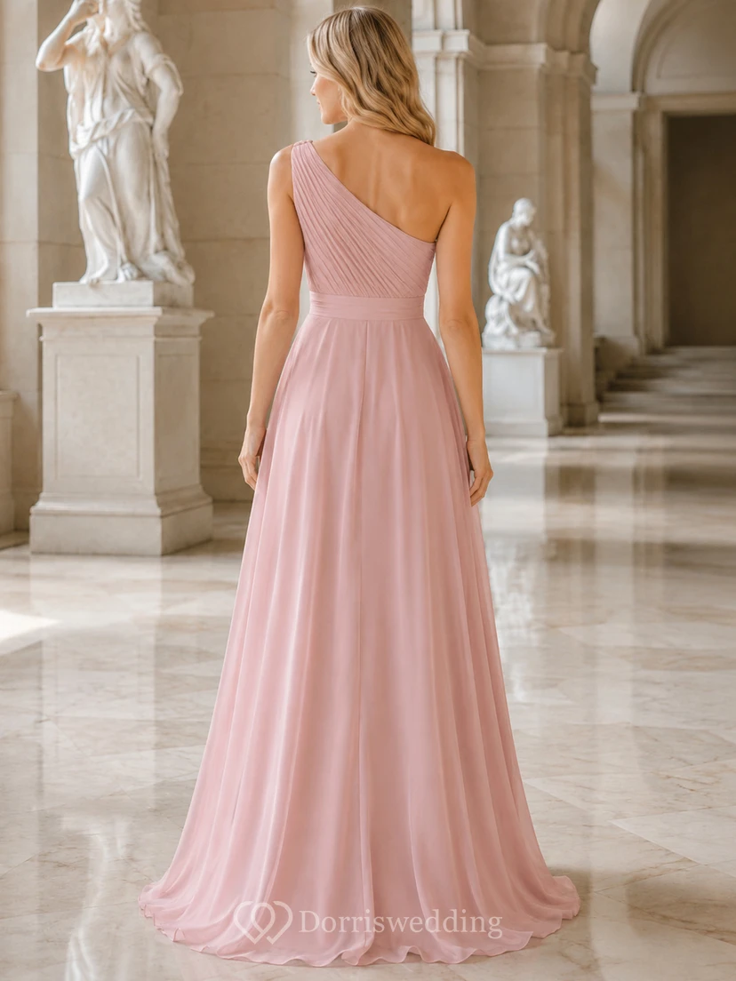 Museum Formal Blush Simple Romantic A-Line Chiffon Bridesmaid Dress with One-Shoulder Sleeveless Floor-Length Draped Open Back view 2