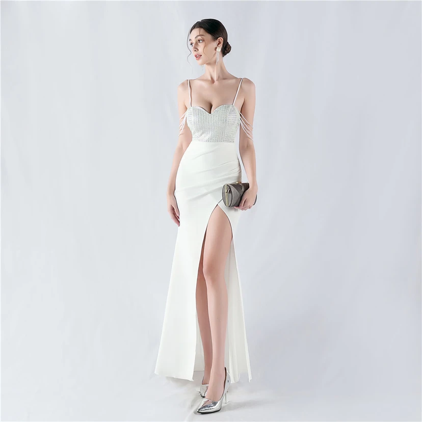 Hot Diamond Beaded High-Slit Satin Sexy Sling Evening Dress view 35