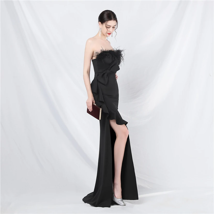 Crafted Custom-Made Ostrich Hair Off-Shoulder Tube Top Dinner Celebration Wedding Dress view 40