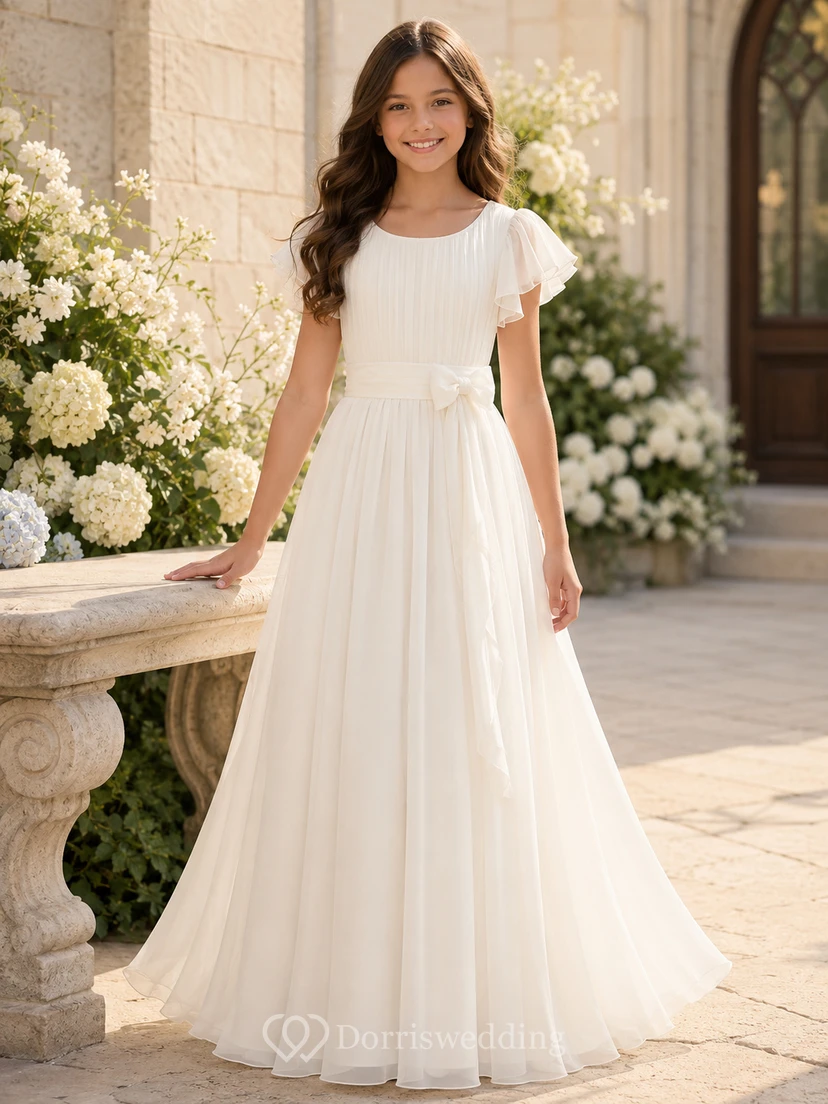 Vestido de tul transparente con mangas de volantes, largo hasta los tobillos, ideal para la comunión o para niñas de las flores.