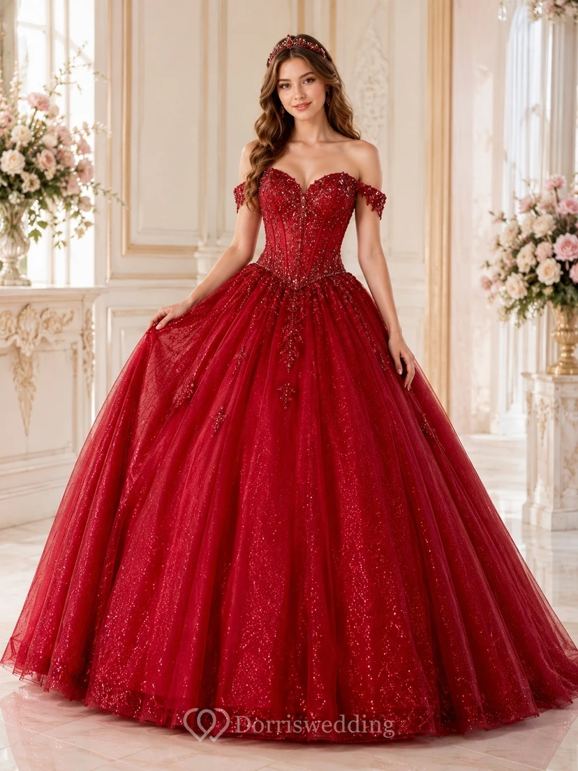 Red Lace Applique Off Shoulder Cap Sleeve Tulle Ball Gown Floor Length Quinceanera Dress