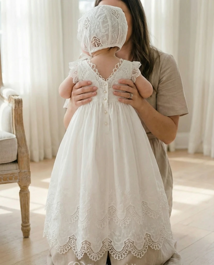 Vestido de bautizo blanco vintage para niña, vestido de encaje con cuello en V y gorro. view 2