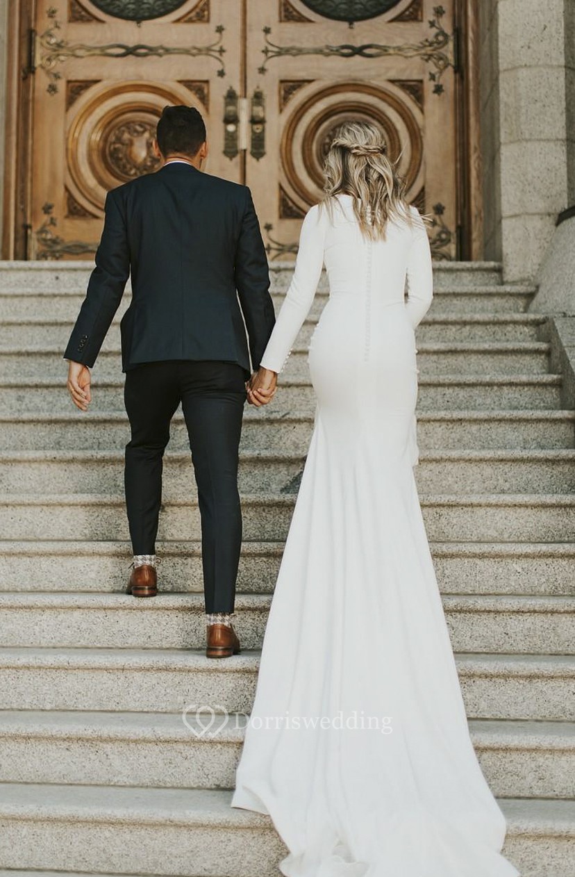 Modest Satin Elegant Long Sleeve Wedding Gown With Cathedral Train