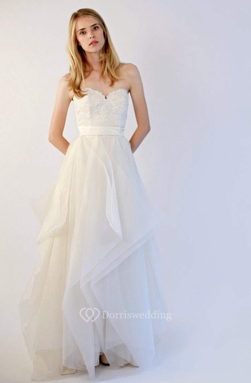 Organza Sweetheart A Line Dress Wit Lace Bodice And Ruffled Skirt