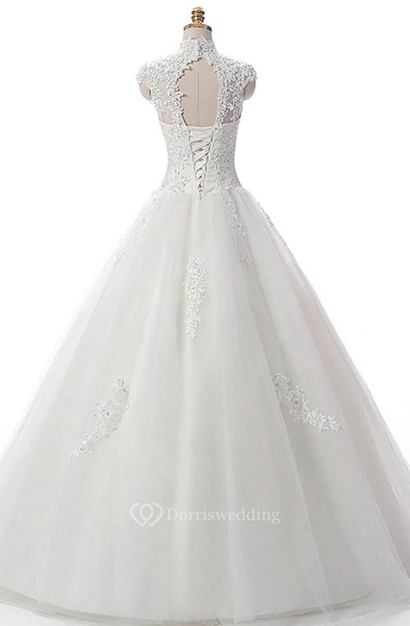 A Line Short High Neck Straps Cap Ruching Beading Appliques