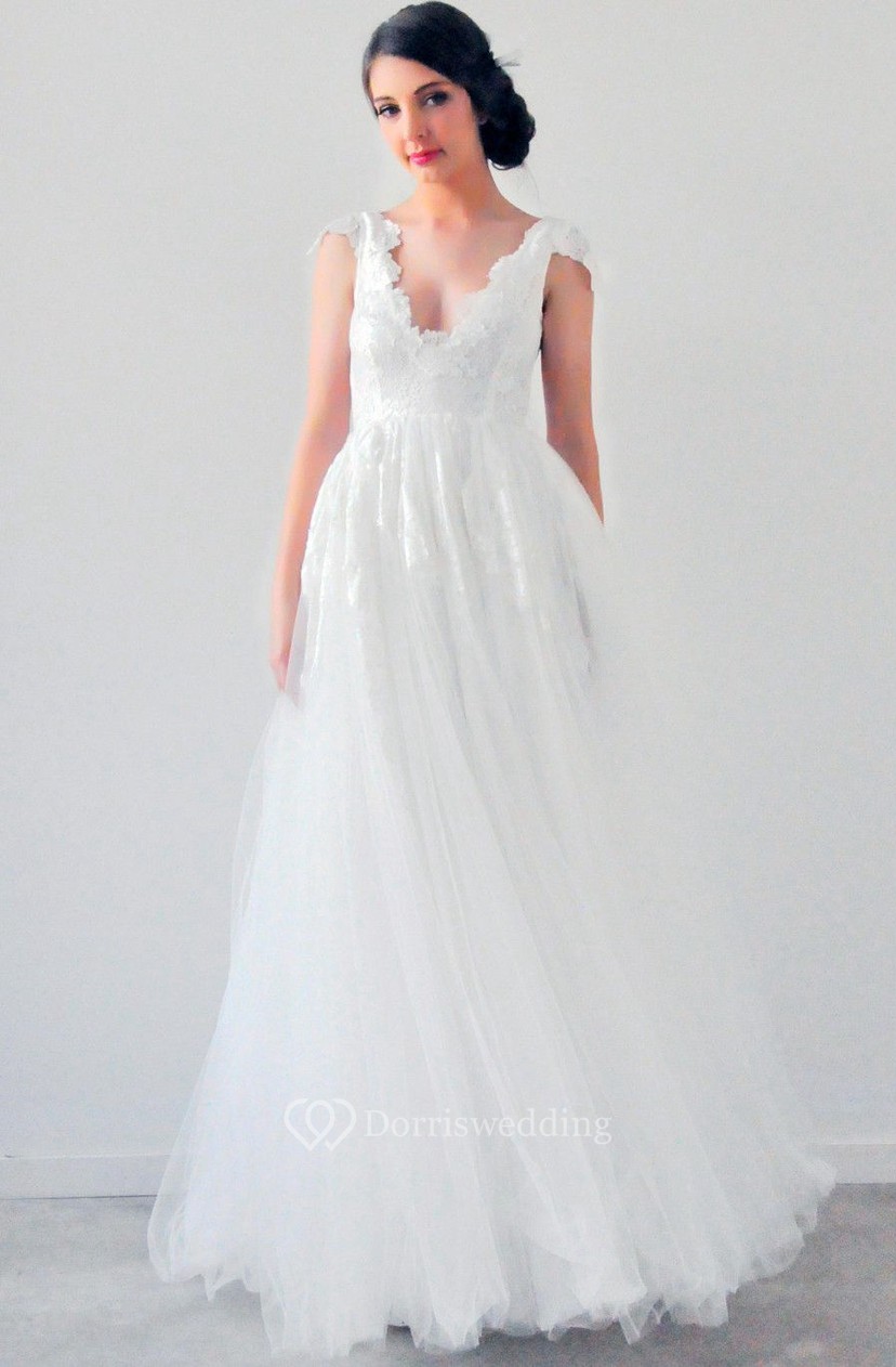 A Line Scalloped Appliqued Empire Cap Sleeve Tulle Wedding Dress