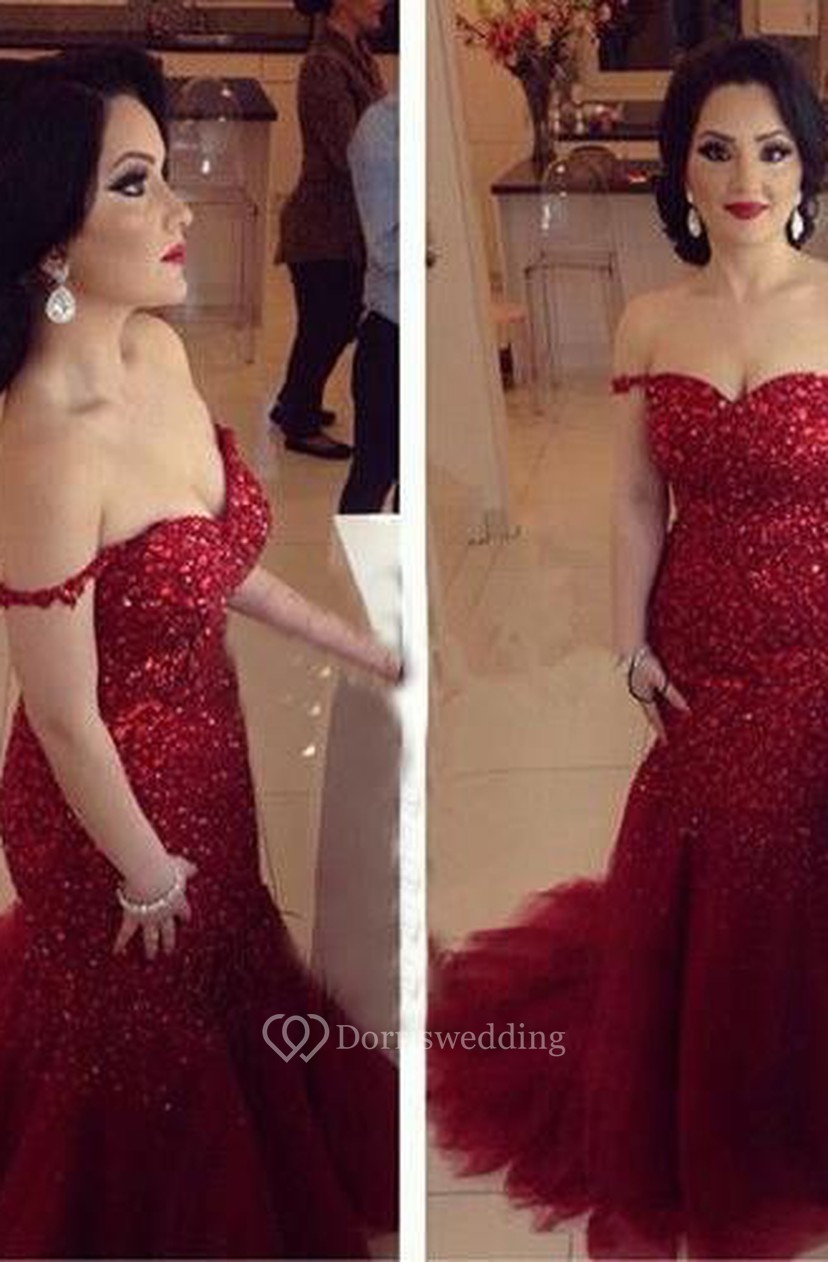 Glamorous Red Sequins Prom Dresses 2018 Off The Shoulder Mermaid