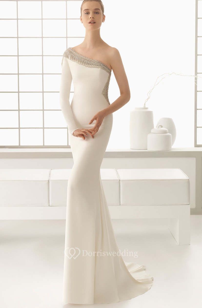 One Shoulder Beaded Long Sleeved Dress Dorris Wedding