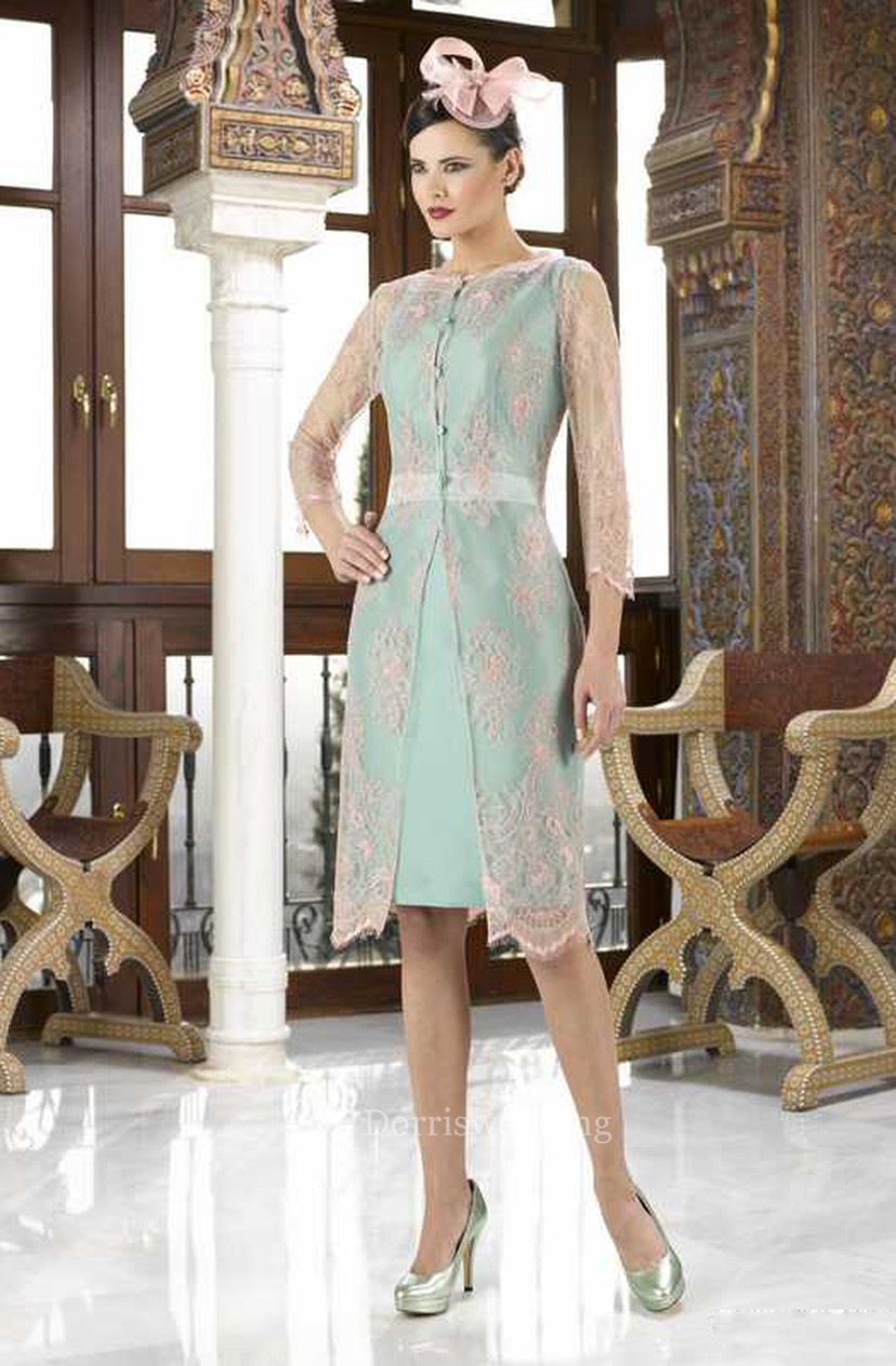 Knee Length Bateau Neck Appliqued Long Sleeve Satin Mother Of The