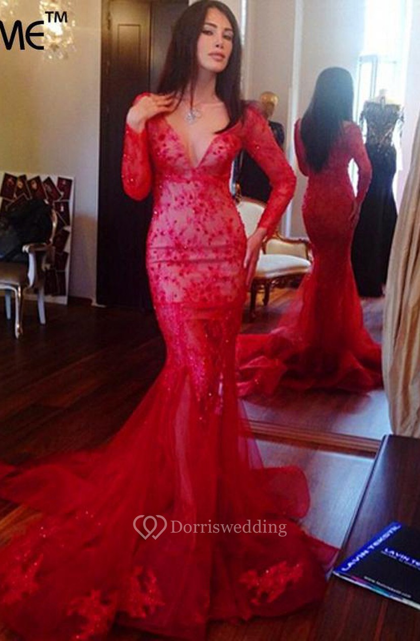 Glamorous V Neck Red Mermaid Prom Dress Long Sleeve With Lace