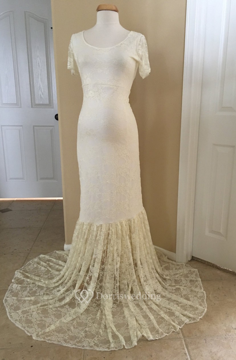 Lace Mermaid Illusion Short Sleeve Scoop Maternity Wedding Dress