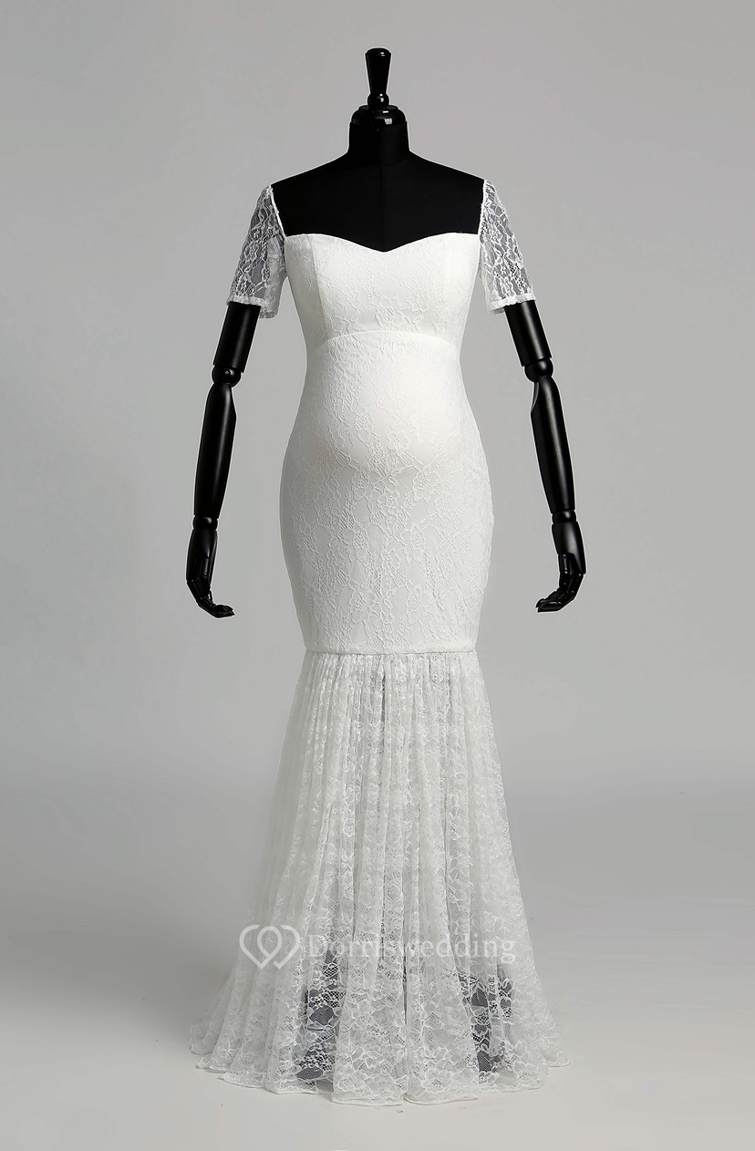 Mermaid Off The Shoulder Illusion Short Sleeve Floor Length Lace