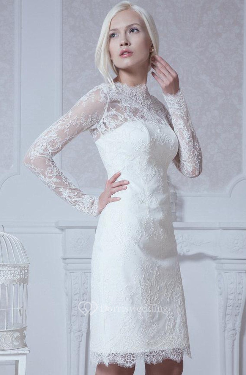 High Neck Long Sleeve Sheath Lace Knee Length Dress With Keyhole