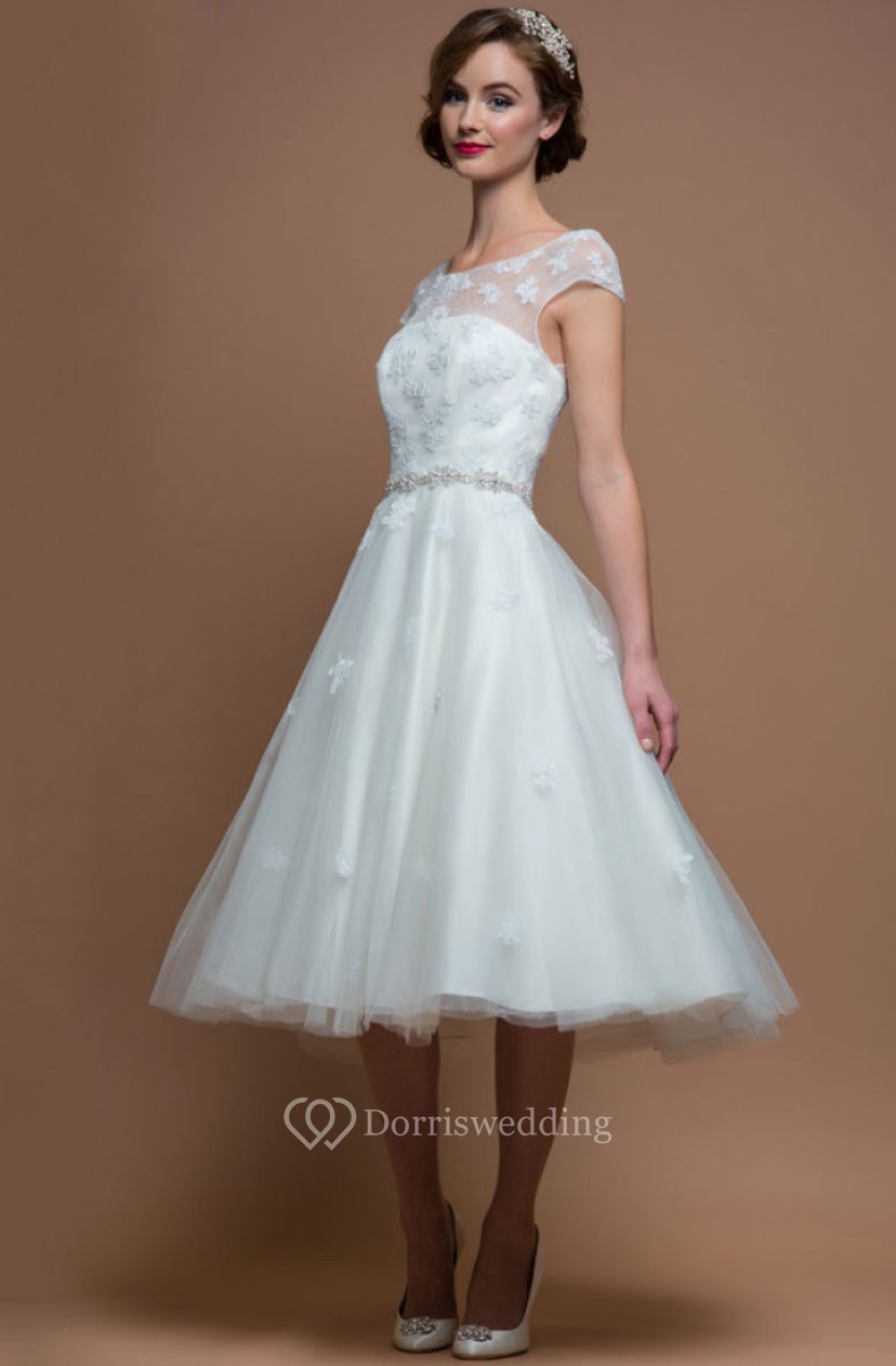 A Line Scoop Neck Cap Sleeve Jeweled Tea Length Tulle Wedding