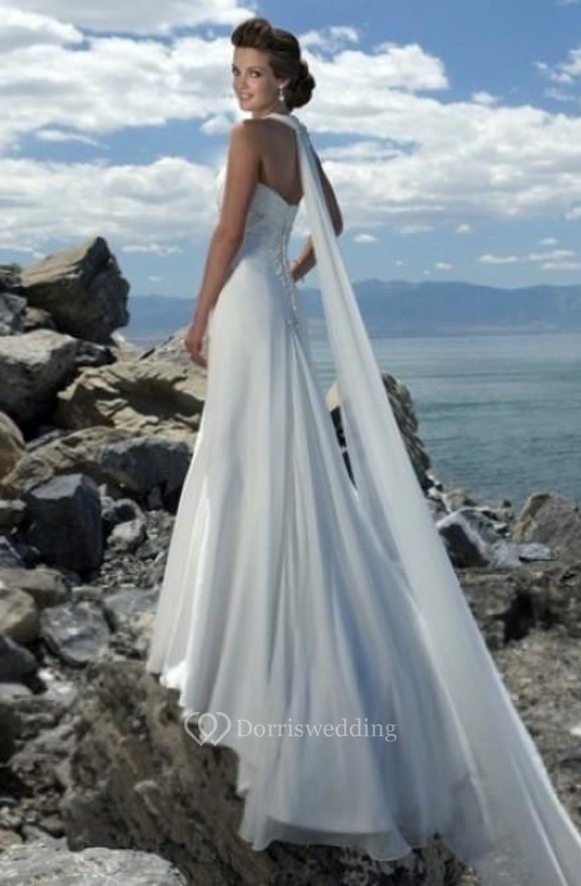Empire Waist Spaghetti Straps Brush Train Chiffon Beach Wedding