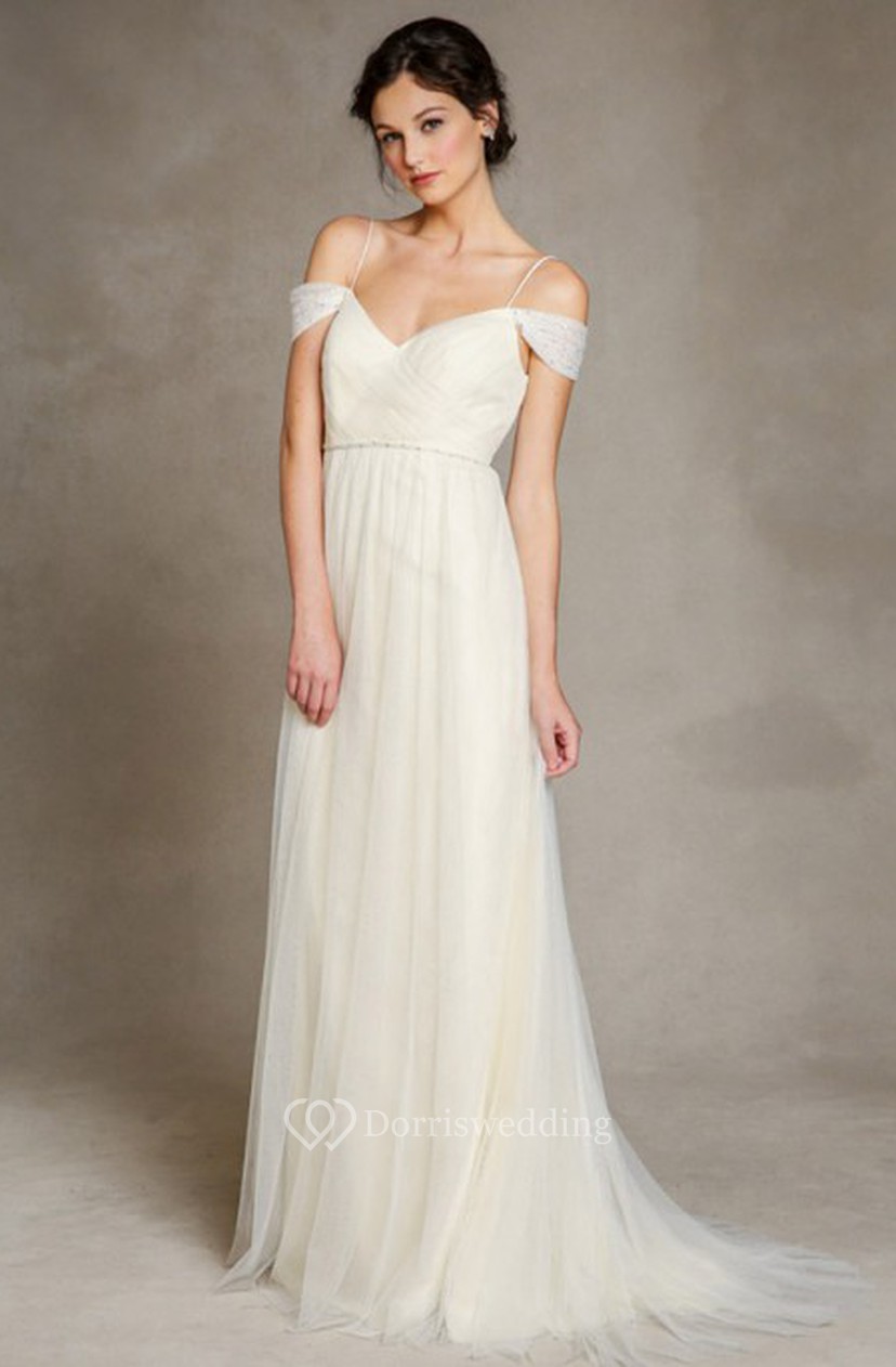 A Line Jeweled Floor Length Spaghetti Tulle Wedding Dress With