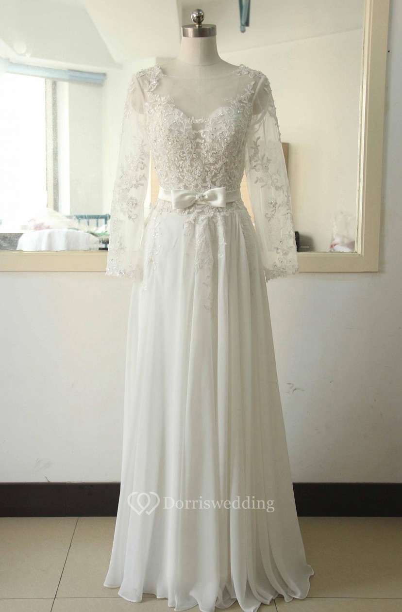 Tea Length Long Sleeve Flower Backless Zipper Corset Back Chiffon