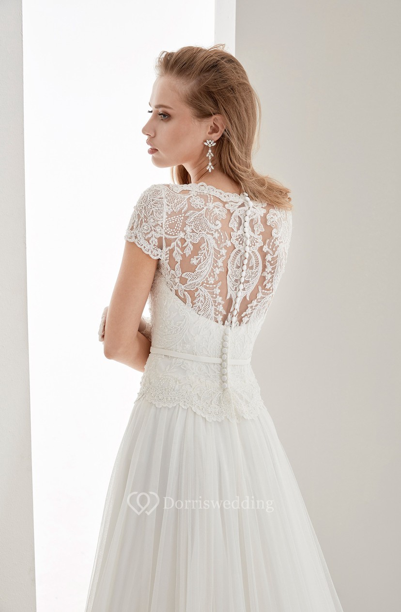 Scalloped Neck Illusion Draping Wedding Dress With Lace Bodice And