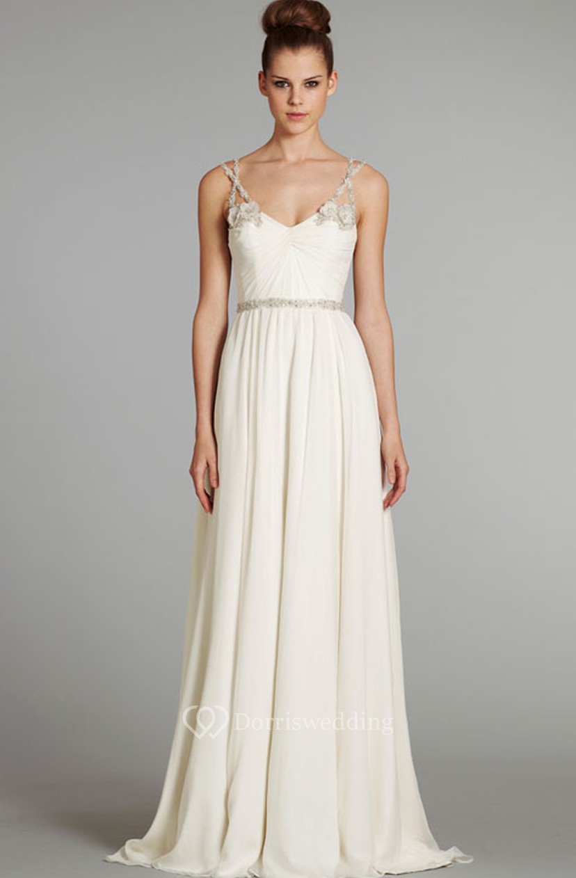 Delicate Sleeveless Draped Bodice Long Gown With Floral Beaded