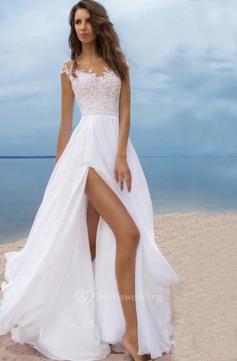 Sexy Beach Style Chiffon A Line Scoop Neck Cap Sleeve Slit Front