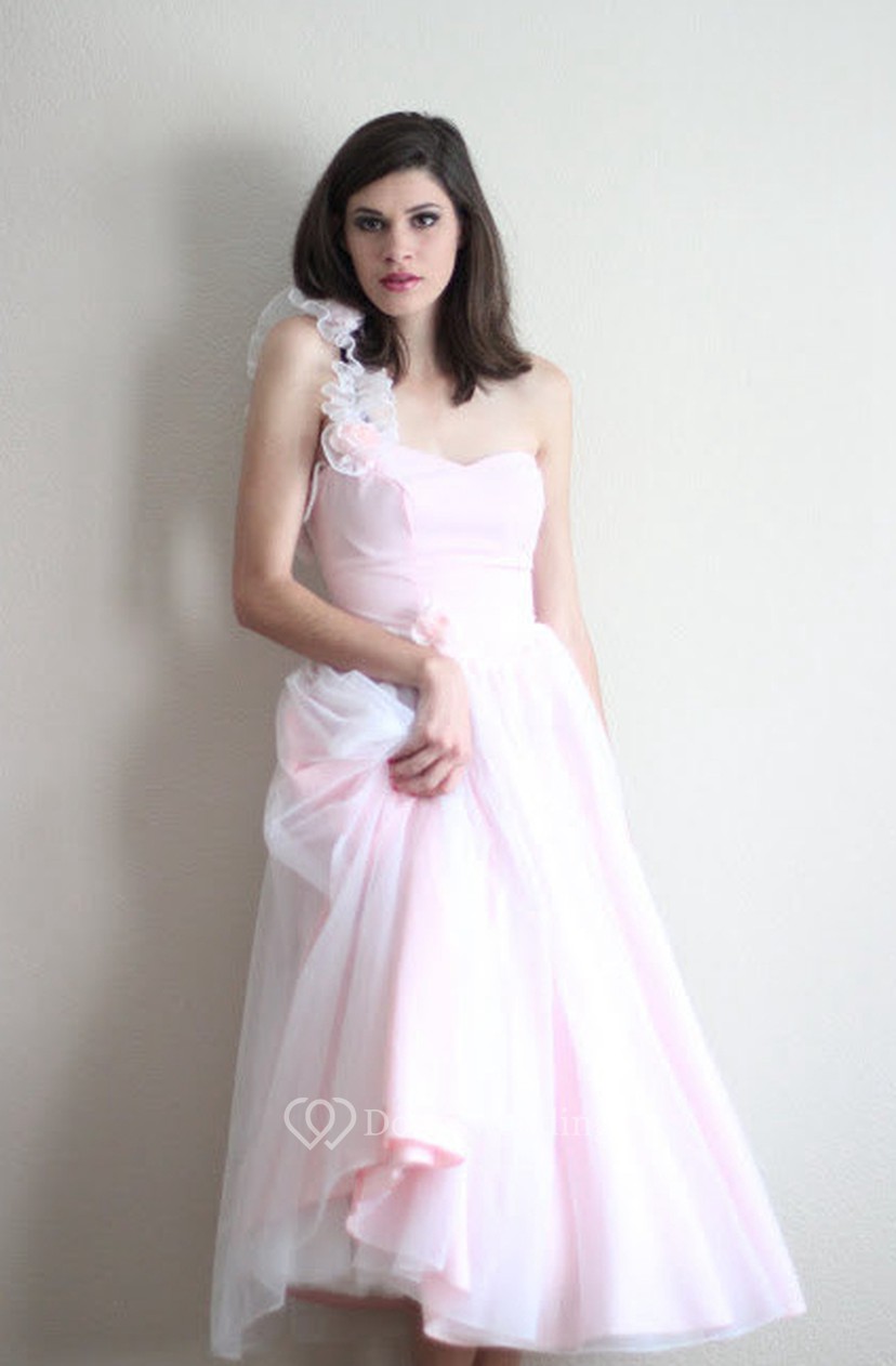 Angelic One Shoulder Tea Length A Line Tulle Dress With Flowers