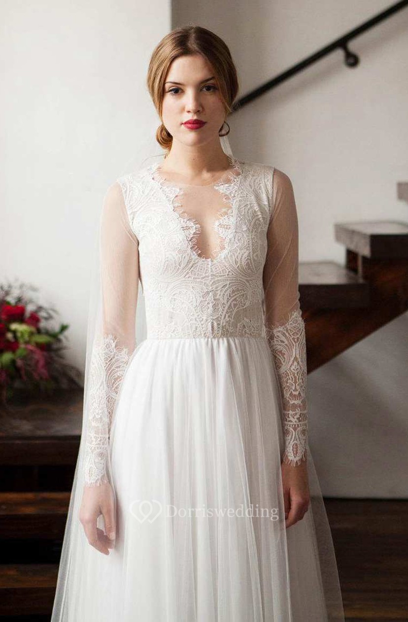 Illusion Scoop Neck Long Sleeve Lace Tulle Wedding Dress With