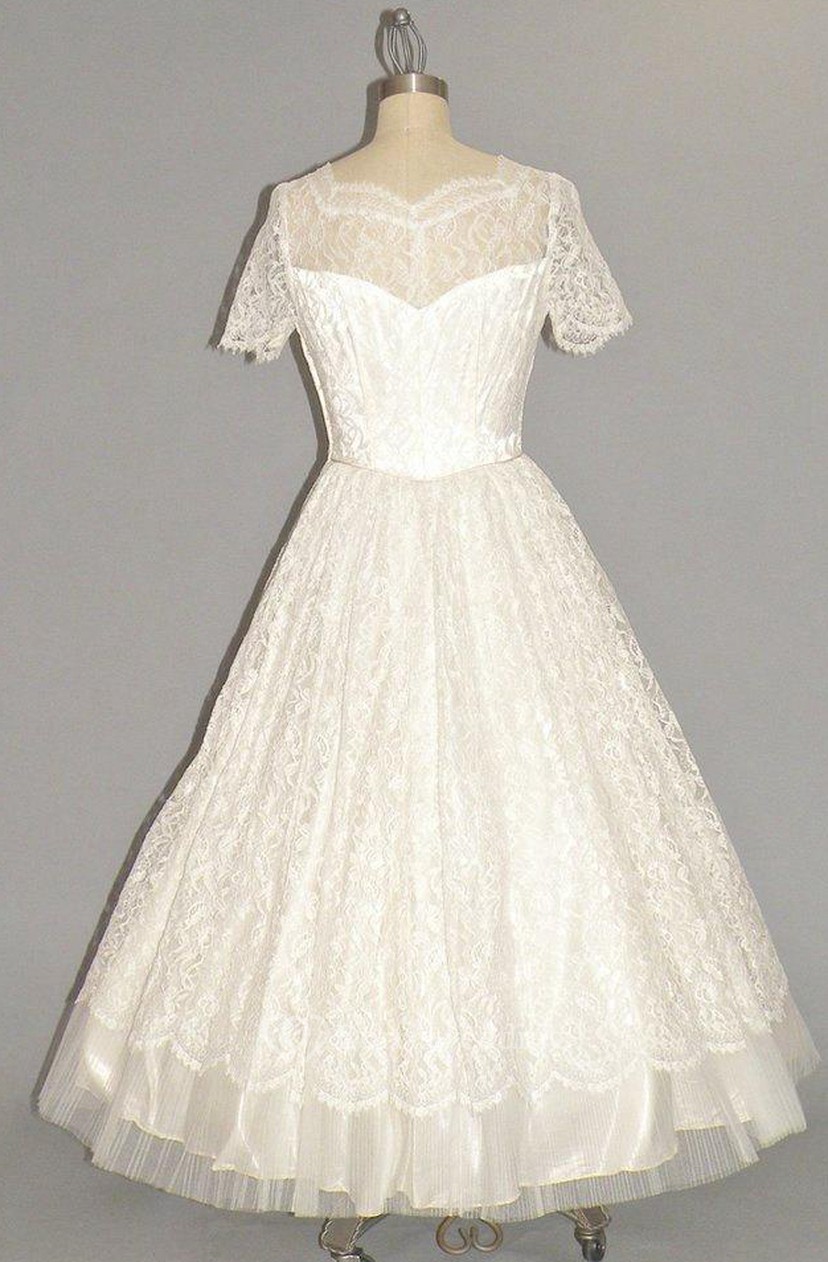 Short Sleeve A Line Lace Dress With Scalloped Neckline Dorris