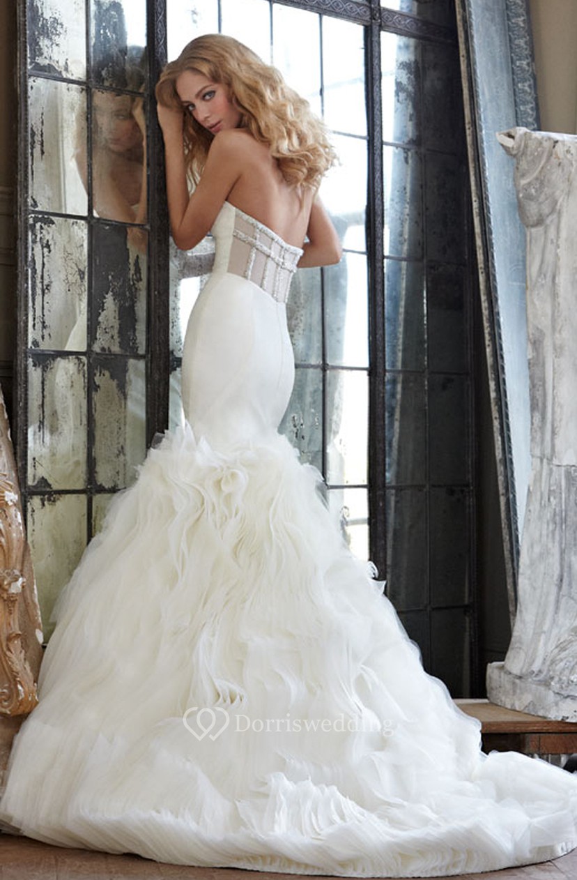 Stylish Strapless Fit And Flare Organza Dress With Sheer Corset