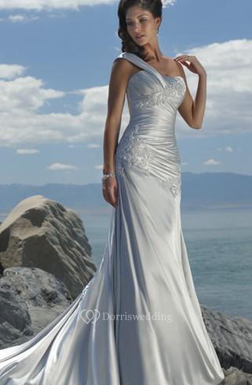 Mermaid One Shoulder Sweep Train Elastic Woven Satin Wedding Dress