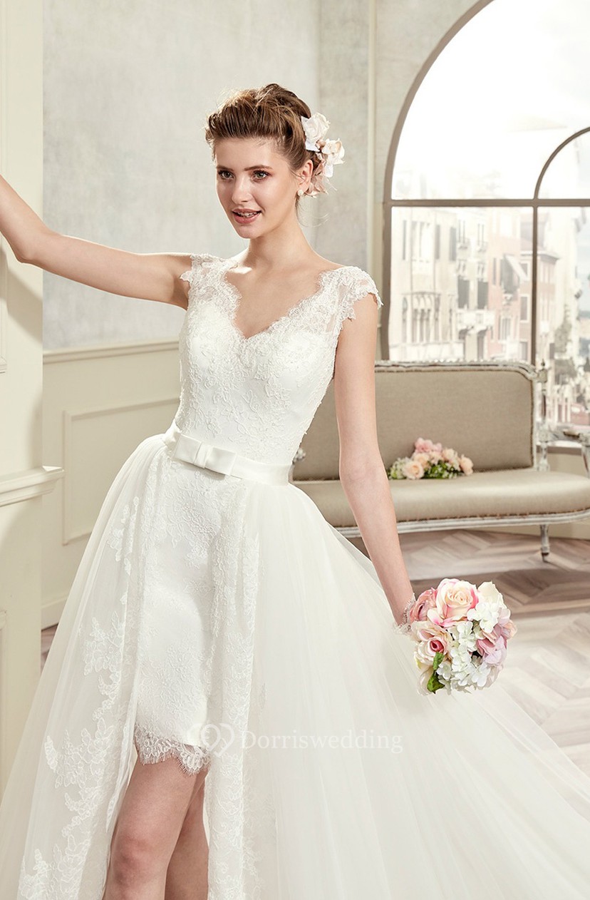 V Neck Cap Sleeve Short Lace Wedding Dress With Detachable