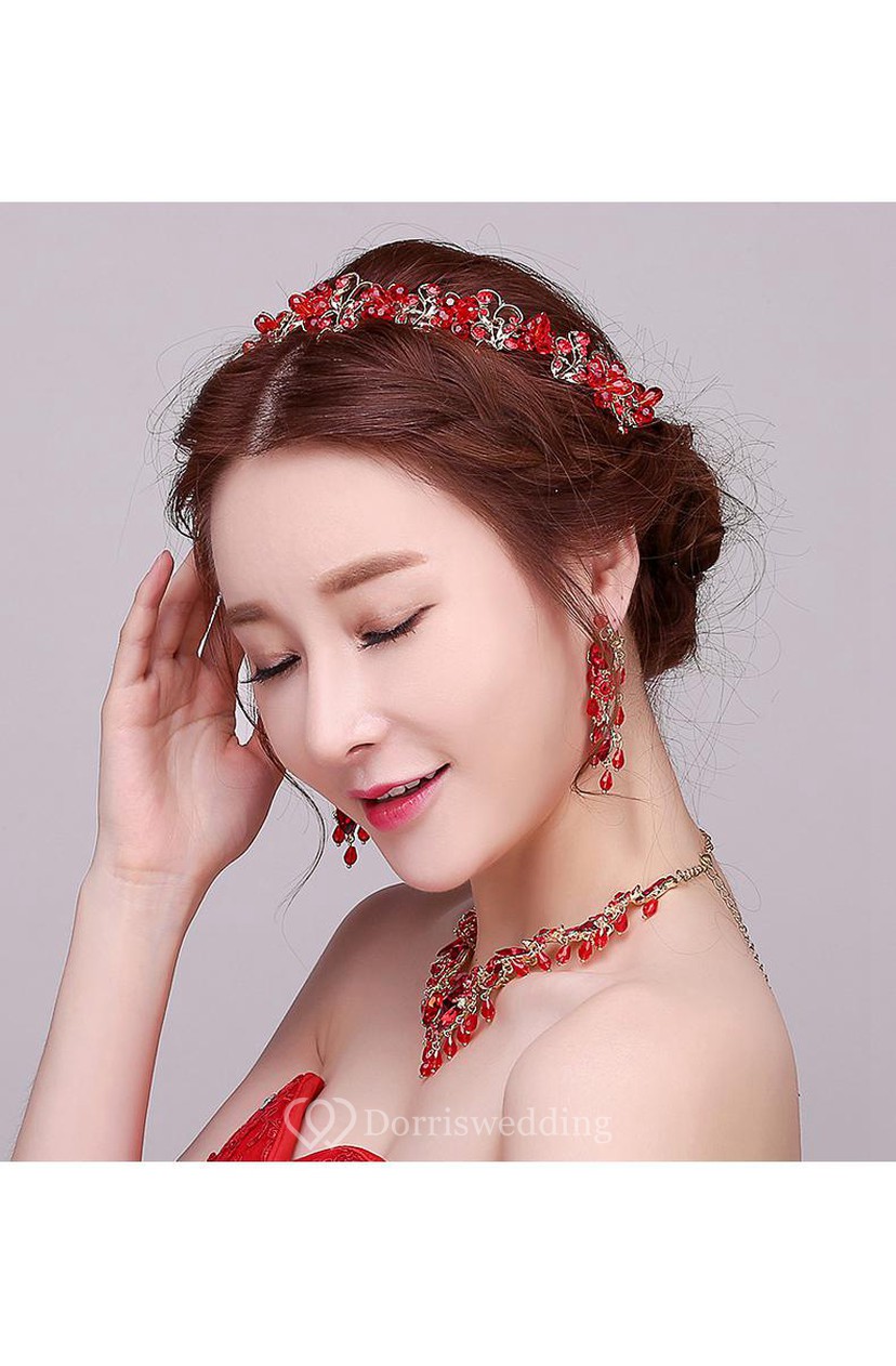 Korean Bride Headdress Red Crystal Flowers Wedding Hair Ornaments
