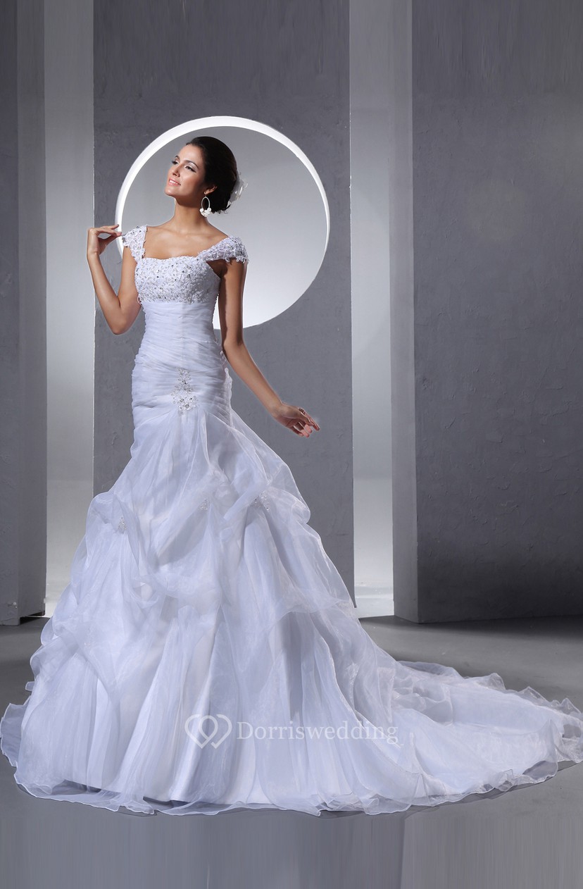 Queen Anne Neckline Organza Dress With Ruffles And Beading