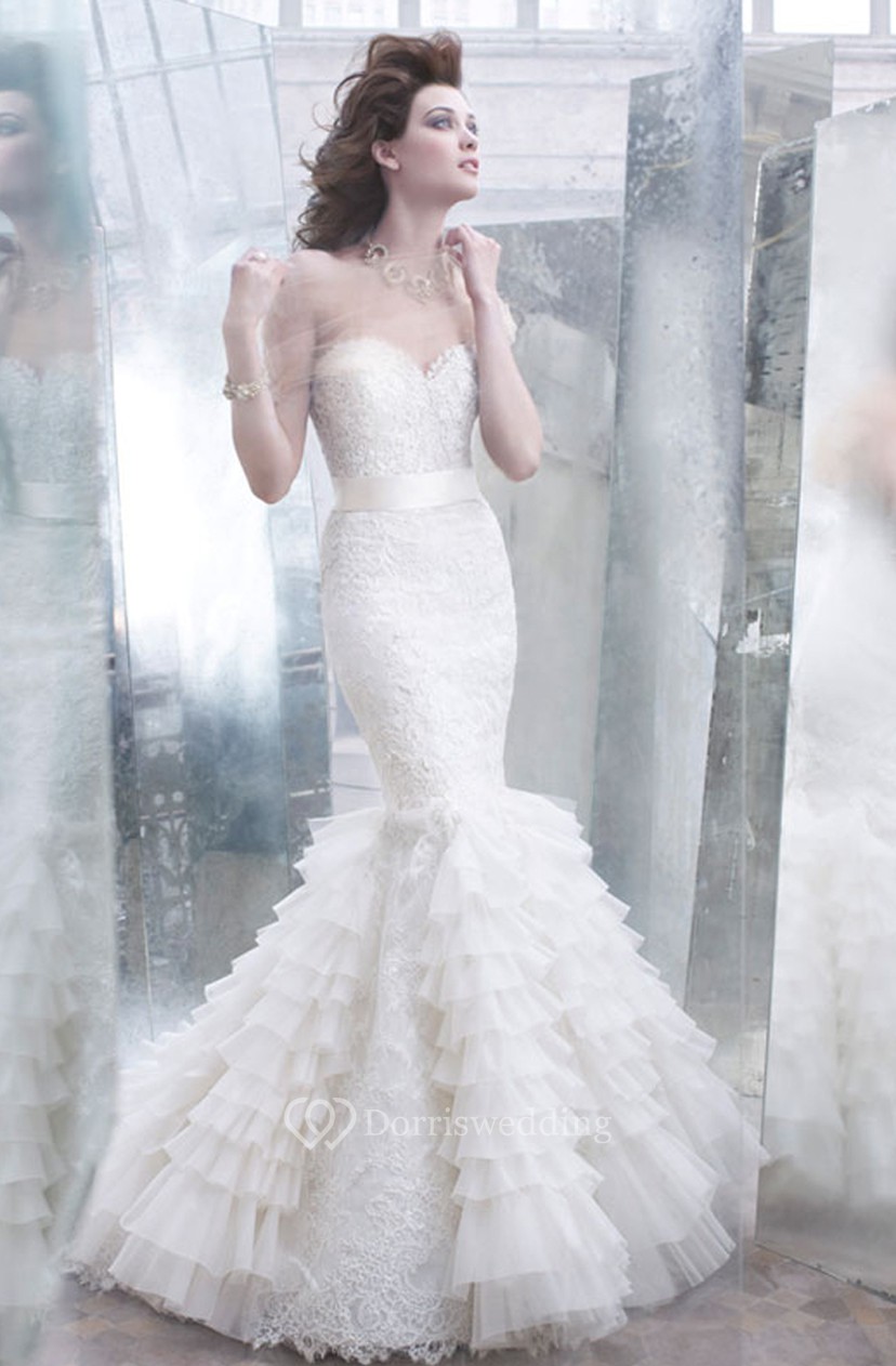 Noble Lace Pleated Organza Mermaid Dress With Ribbon Dorris Wedding
