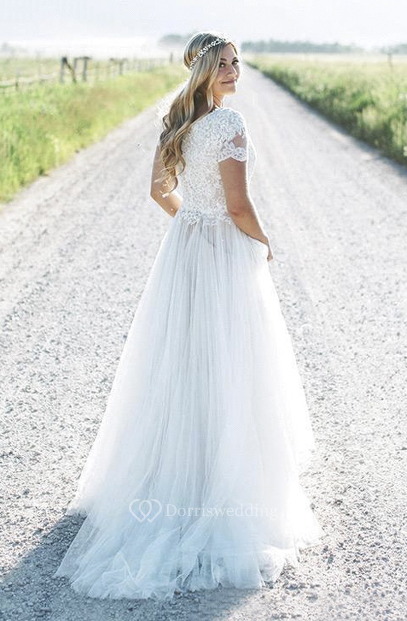 A Line Lace Appliques Bohemian Short Sleeve Tulle Wedding Dress