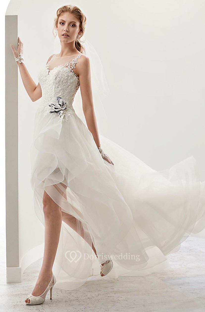 Cap Sleeve High Low Bridal Gown With Flower Embellishment And