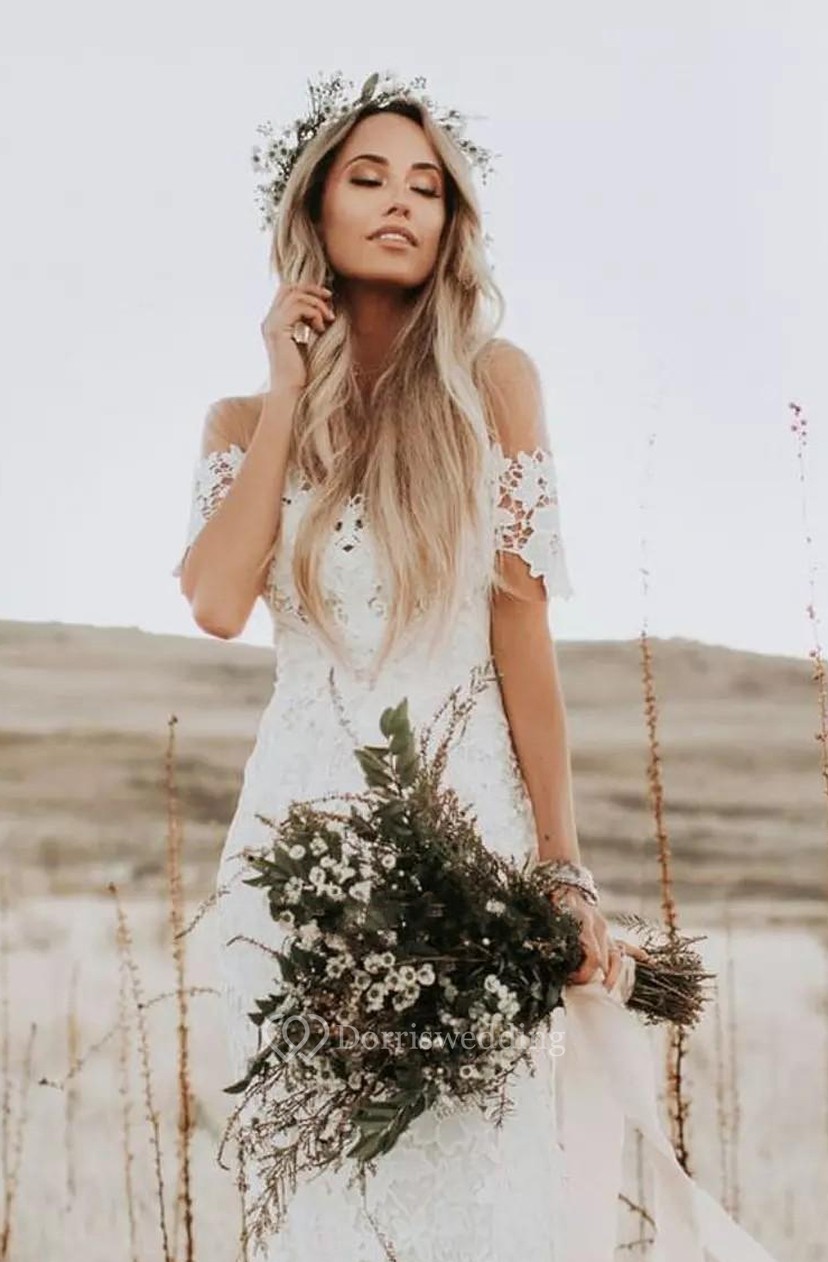 Bohemian Country Style Lace Off The Shoulder Short Sleeve Wedding