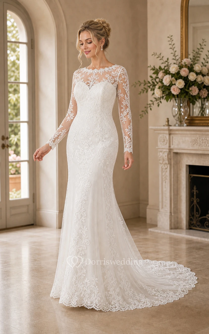 Sheath Long-Sleeve High Neck Tulle&Lace Wedding Dress With Sweep Train view 2